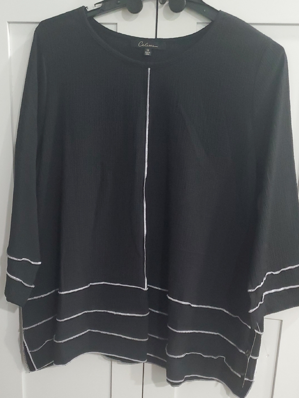 CALE Black Textured Knit Top with White Contrast Stitching